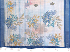 Powder Blue Digital Floral Print Saree – flat lay showing full tropical botanical leaf design and printed pallu