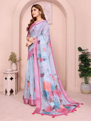 Powder Blue Digital Floral Print Saree side drape – printed floral pallu with pink shimmer contrast border and pink tassels