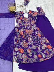 Purple Discharge Print Suit flat lay showing kurta, palazzo and dupatta set