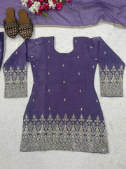 Purple Crunchy Silk Suit Flat Lay – Full Kurta with Zari Hem Border