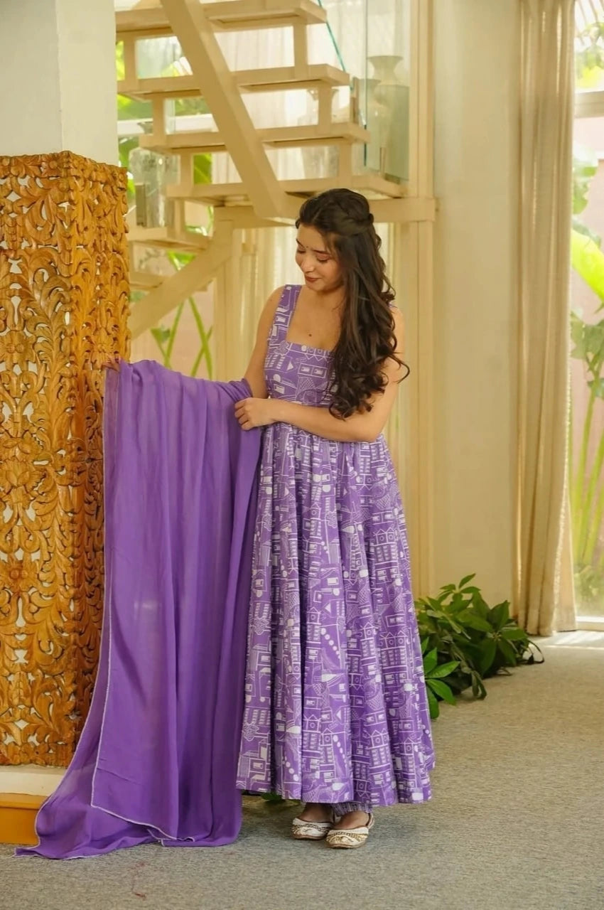 Woman holding a purple fabric in a room with wooden stairs and decorative elements.