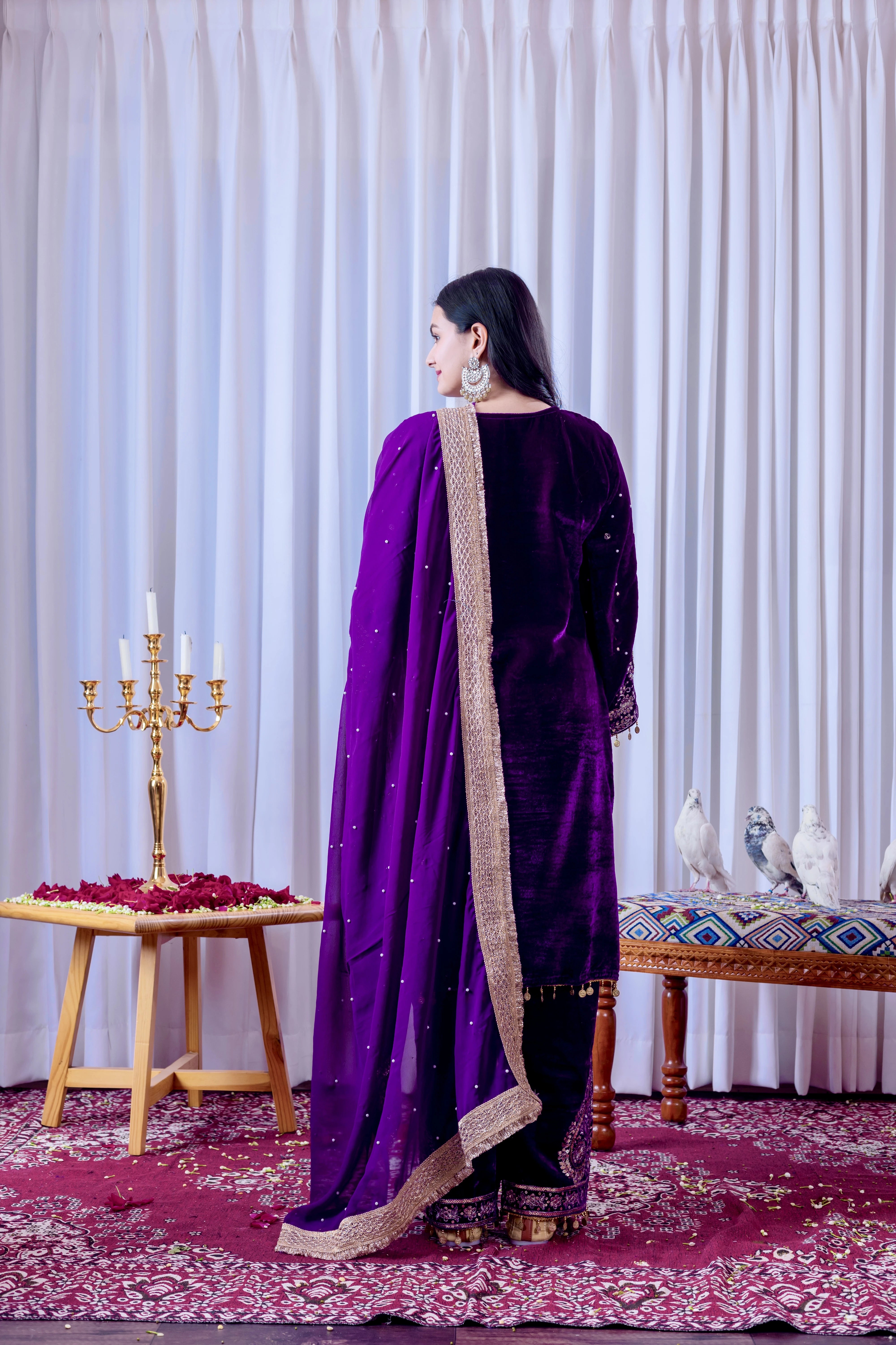Purple Sequins Embroidery Work Viscose