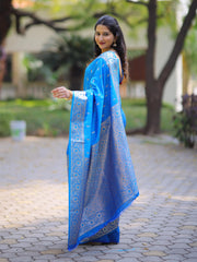 Woman wearing a blue saree with a pattern, standing outdoors on a paved path.