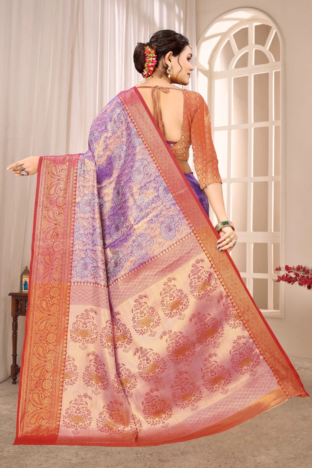 Woman wearing a colorful saree with a decorative background