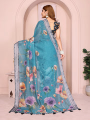 Rama Blue Digital Floral Print Saree – back view showing pallu drape with bold florals and blouse back detail