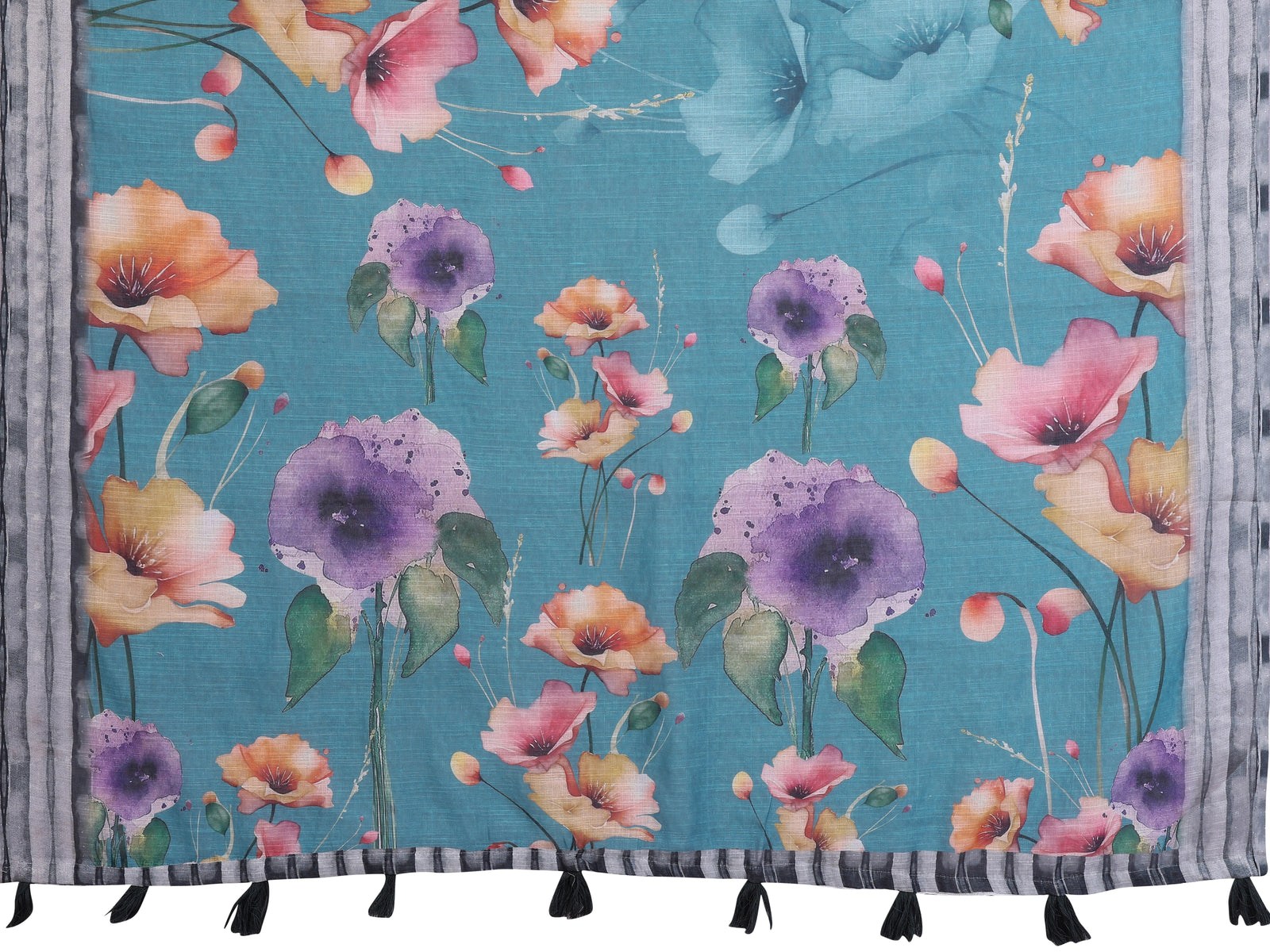 Rama Blue Digital Floral Print Saree – flat lay showing full watercolour poppy and pansy floral design