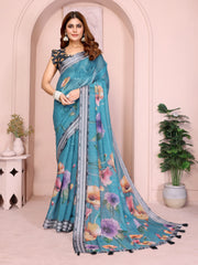 Rama Blue Digital Floral Print Saree – standing front view in linen cotton with bold watercolour floral motifs