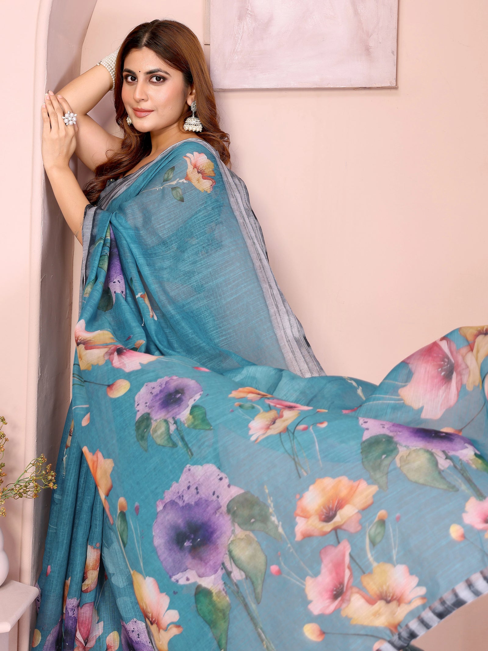 Rama Blue Digital Floral Print Saree – pallu detail showing vibrant floral print with black tassel hem