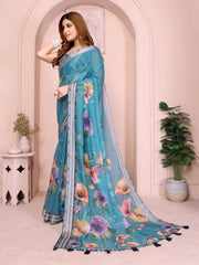 Rama Blue Linen Cotton Saree – side profile showing full drape with contrast grey striped border and floral print