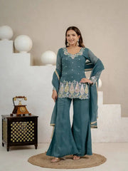 Rama Blue Sequins Embroidered Suit front view with palazzo and dupatta
