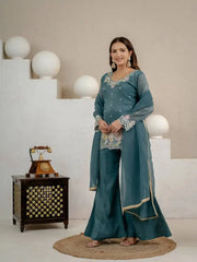 Rama Blue Sequins Embroidered Suit front view model pose