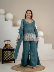 Full length front view of Rama Blue Sequins Embroidered Suit with palazzo