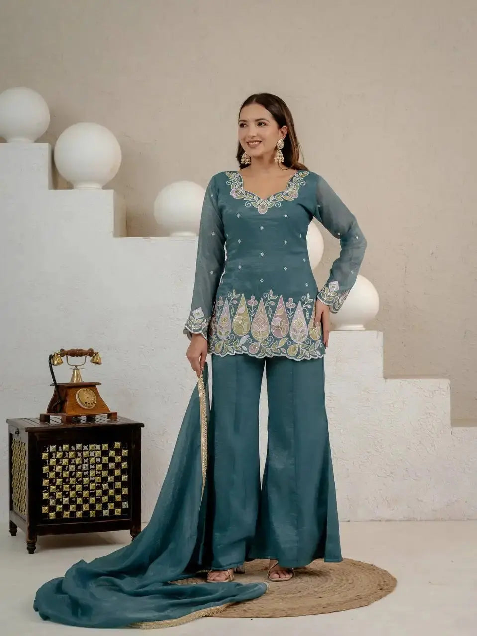 Rama Blue Sequins Embroidered Suit full length with dupatta trailing