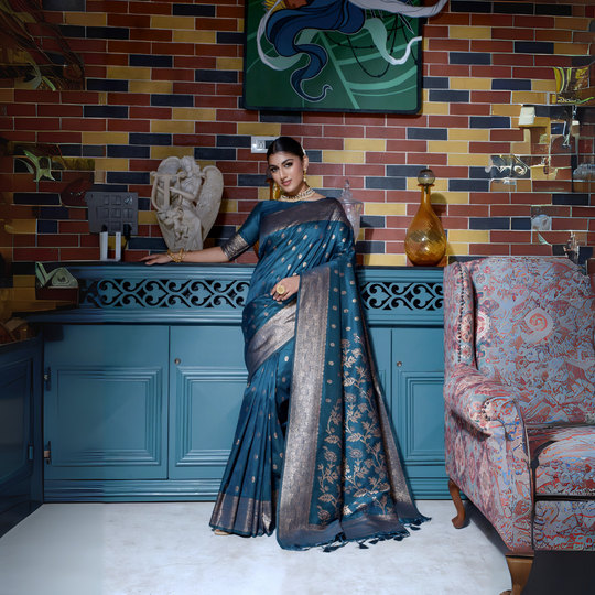 Rama Blue Banarasi Raw Silk Zari Weaving Saree