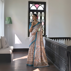 A woman models an elegant Beige Soft Tussar Silk Saree featuring an all-over Madhubani-style print in teal and coral/rust. The saree is framed by a solid Rama Blue border. She wears a deep teal short-sleeve blouse and a gold and pearl choker necklace, posing indoors next to a dark wooden banister.