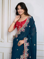 Rama Blue Embroidery with Piping Border Work Star Georgette