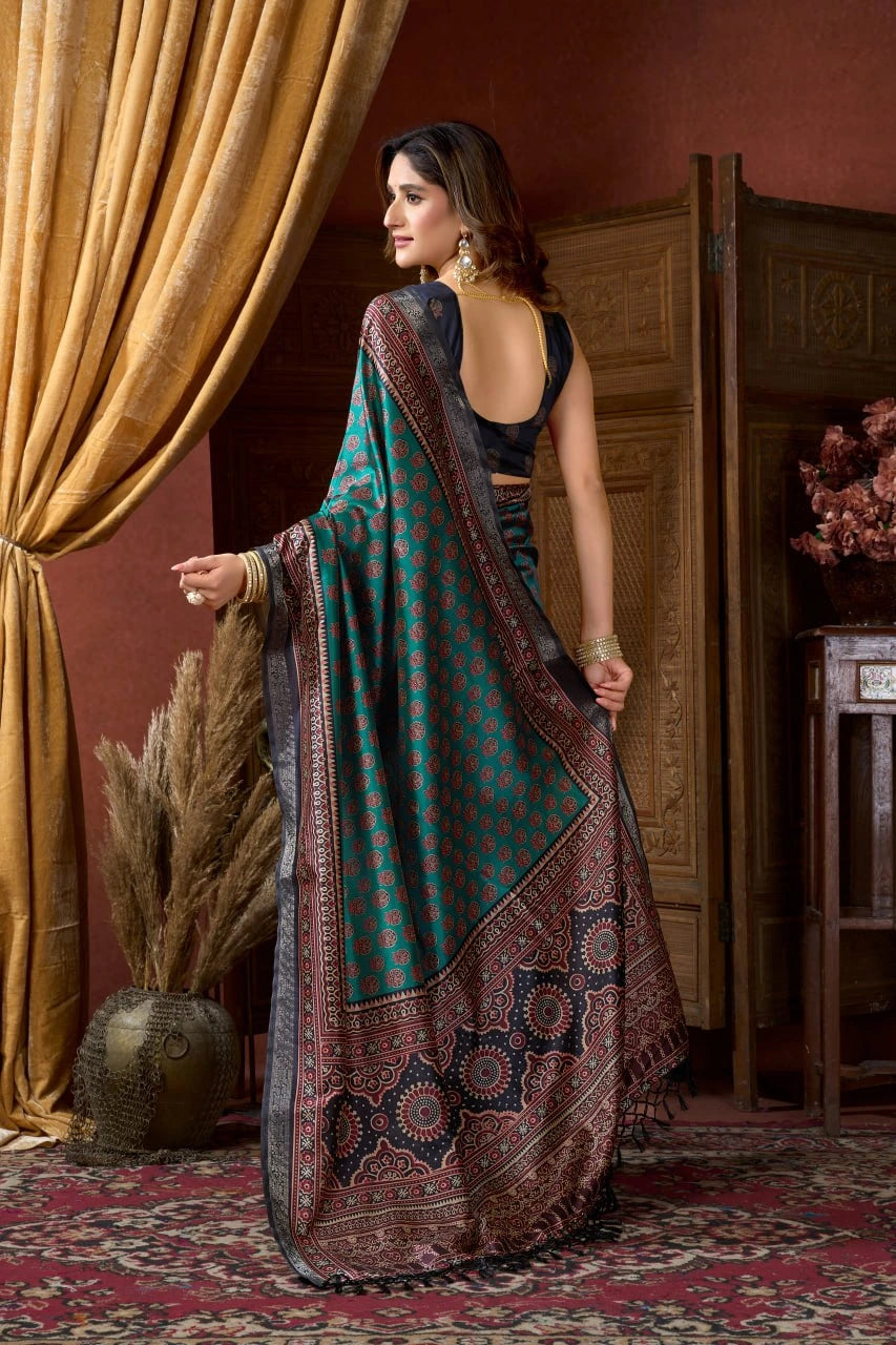 Woman in a traditional saree with a patterned design in a room with curtains and decor.