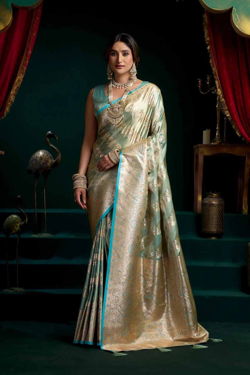 Woman in a traditional saree with intricate patterns against a dark background