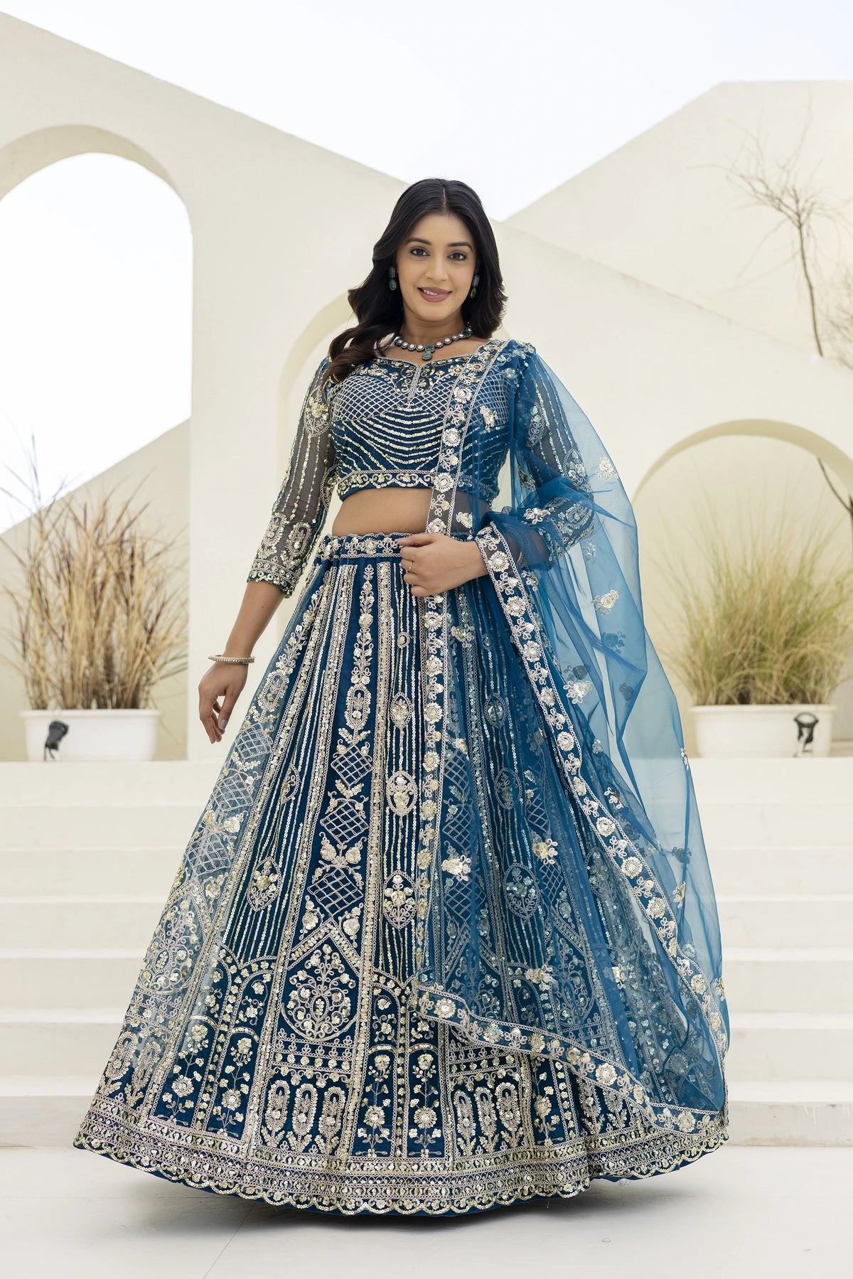Rama Blue Sequins Coding Embroidered Butterfly Net Lehenga