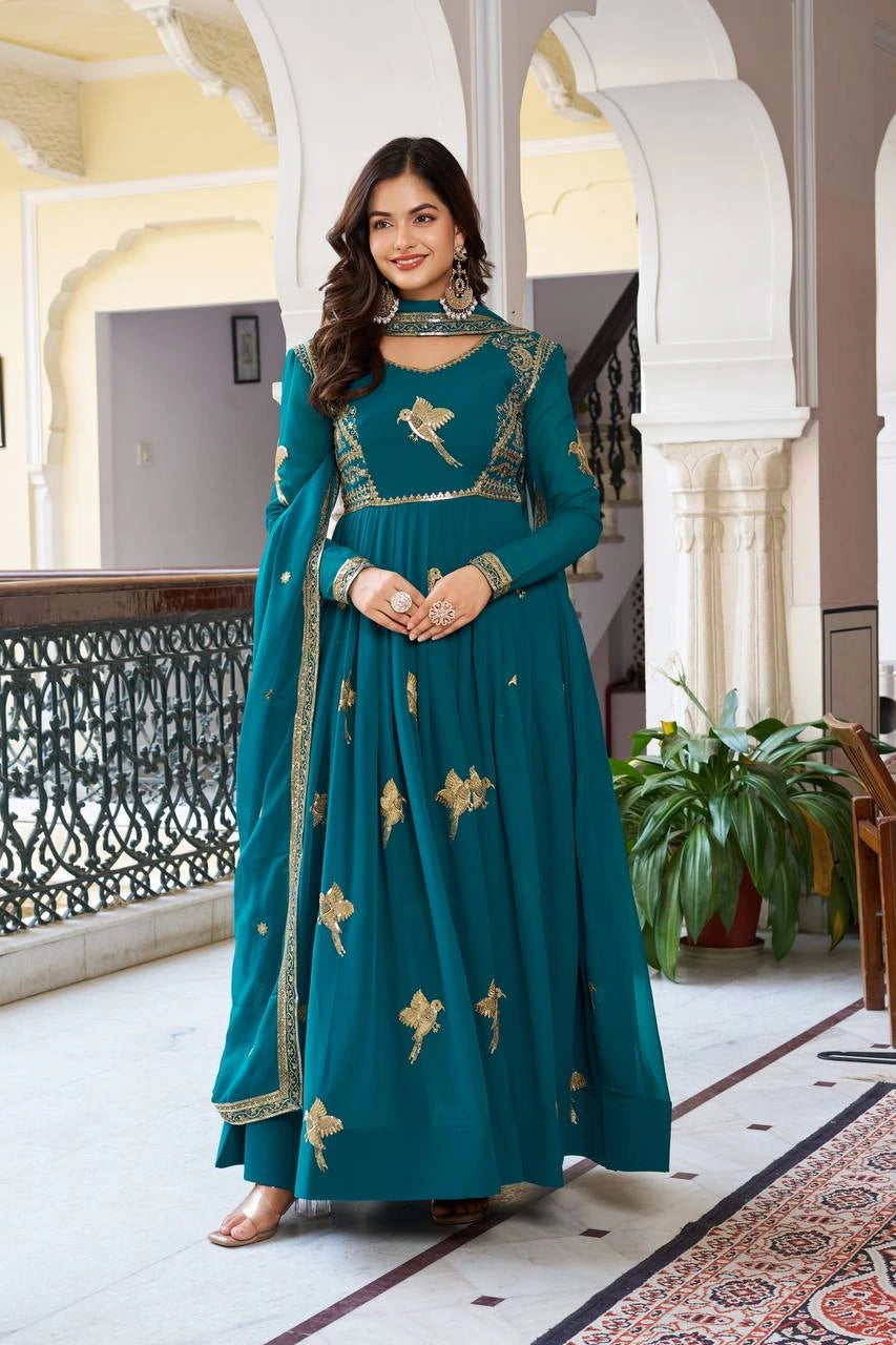 Rama blue faux georgette suit with sequins and thread work displayed on Shopify product page