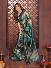 “Luxurious soft pure Banarasi tissue silk saree in Rama blue shade featuring traditional zari patterns.