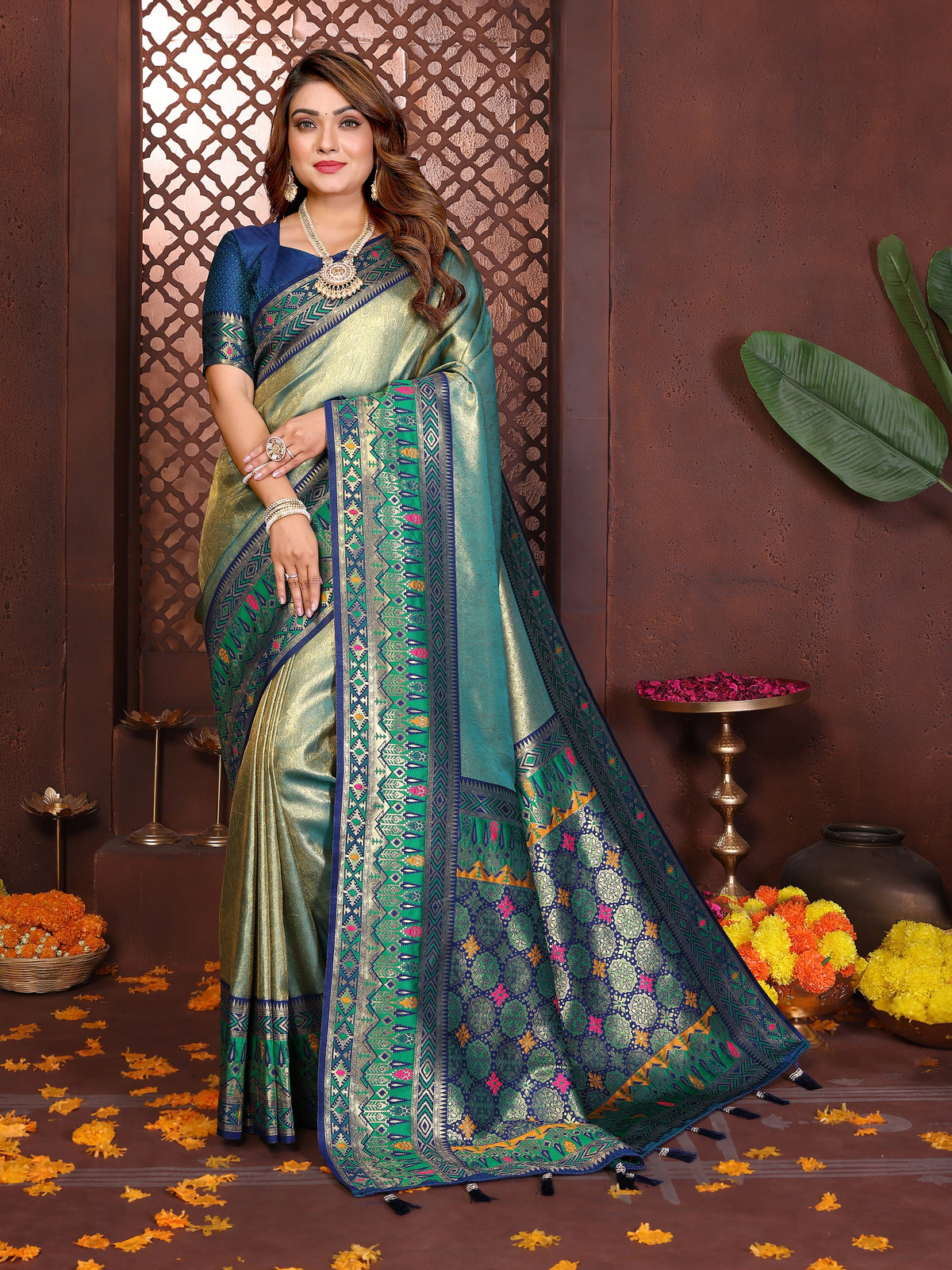Elegant Rama blue Banarasi tissue silk saree with intricate zari weaving displayed on product page.