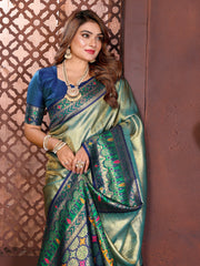 Detailed view of handcrafted Rama blue Banarasi silk saree with shimmering zari design.