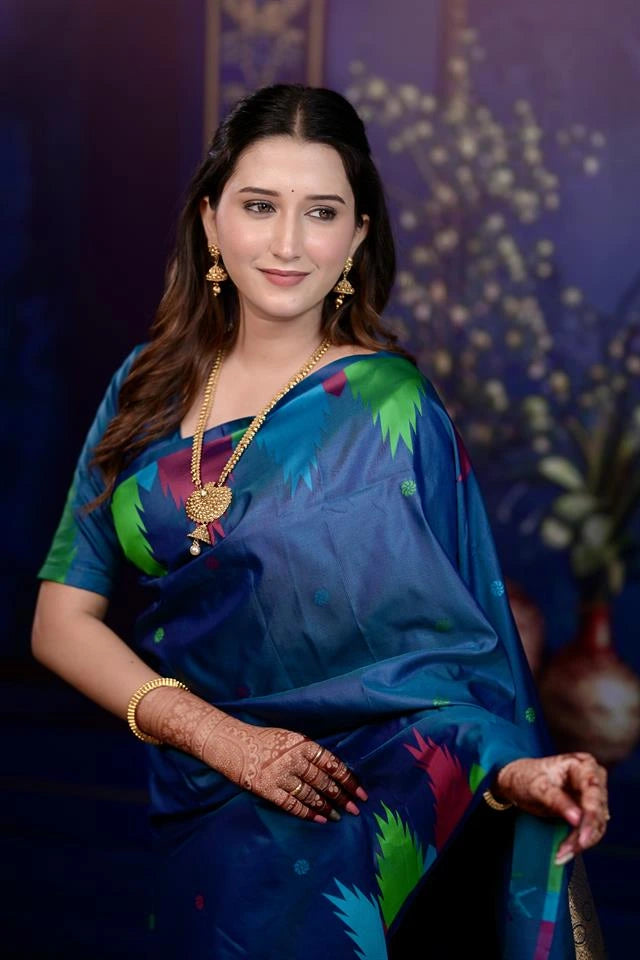 Rama Blue Zari Woven Border Soft Silk Saree