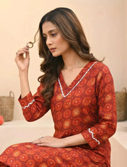 Close-up of Red Digital Print Kurti sleeve and print detail
