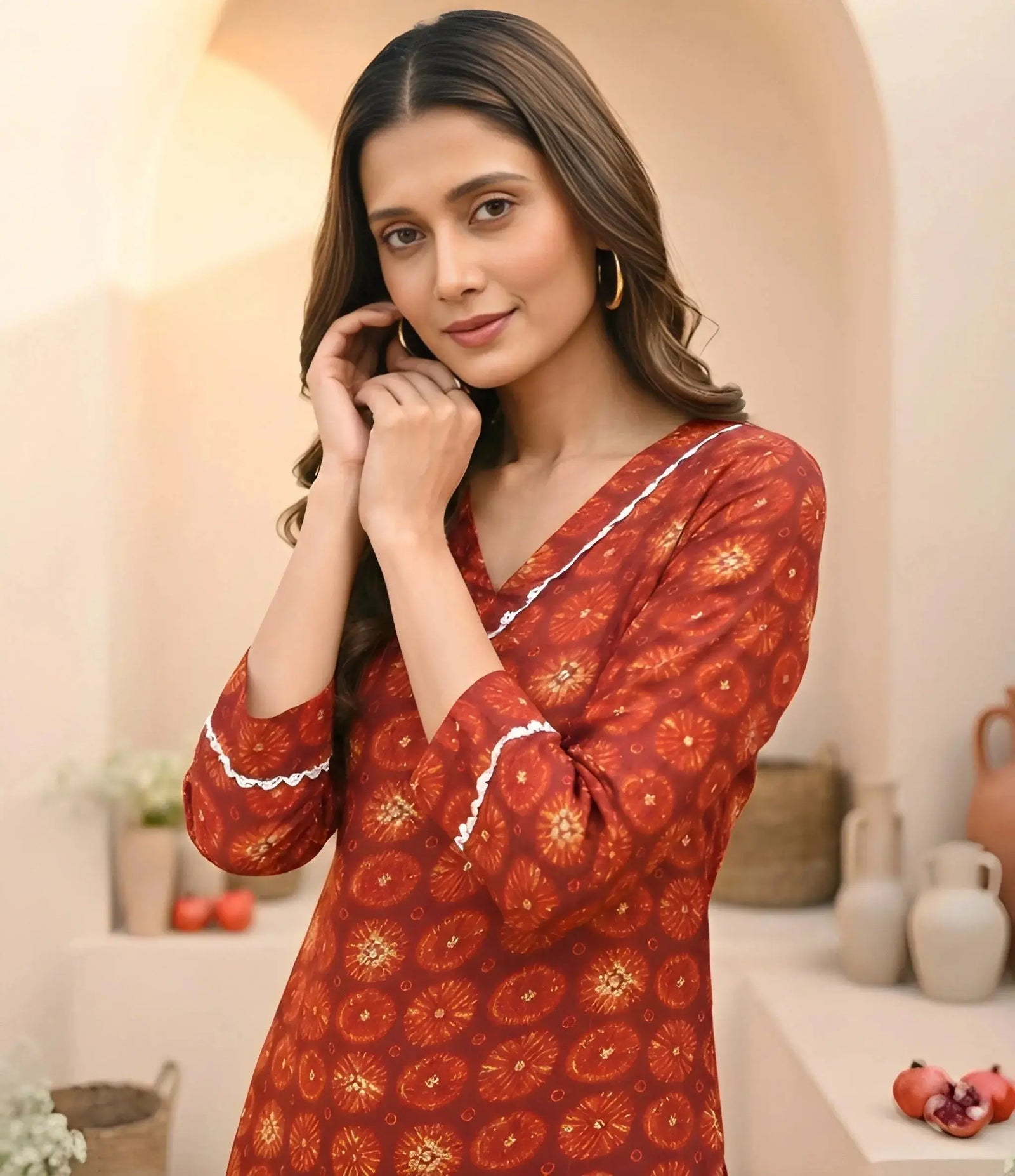 Close-up of Red Digital Print Kurti V-neck and lace trim detail