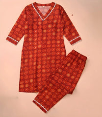 Red Digital Print Kurti and pant set, flat lay