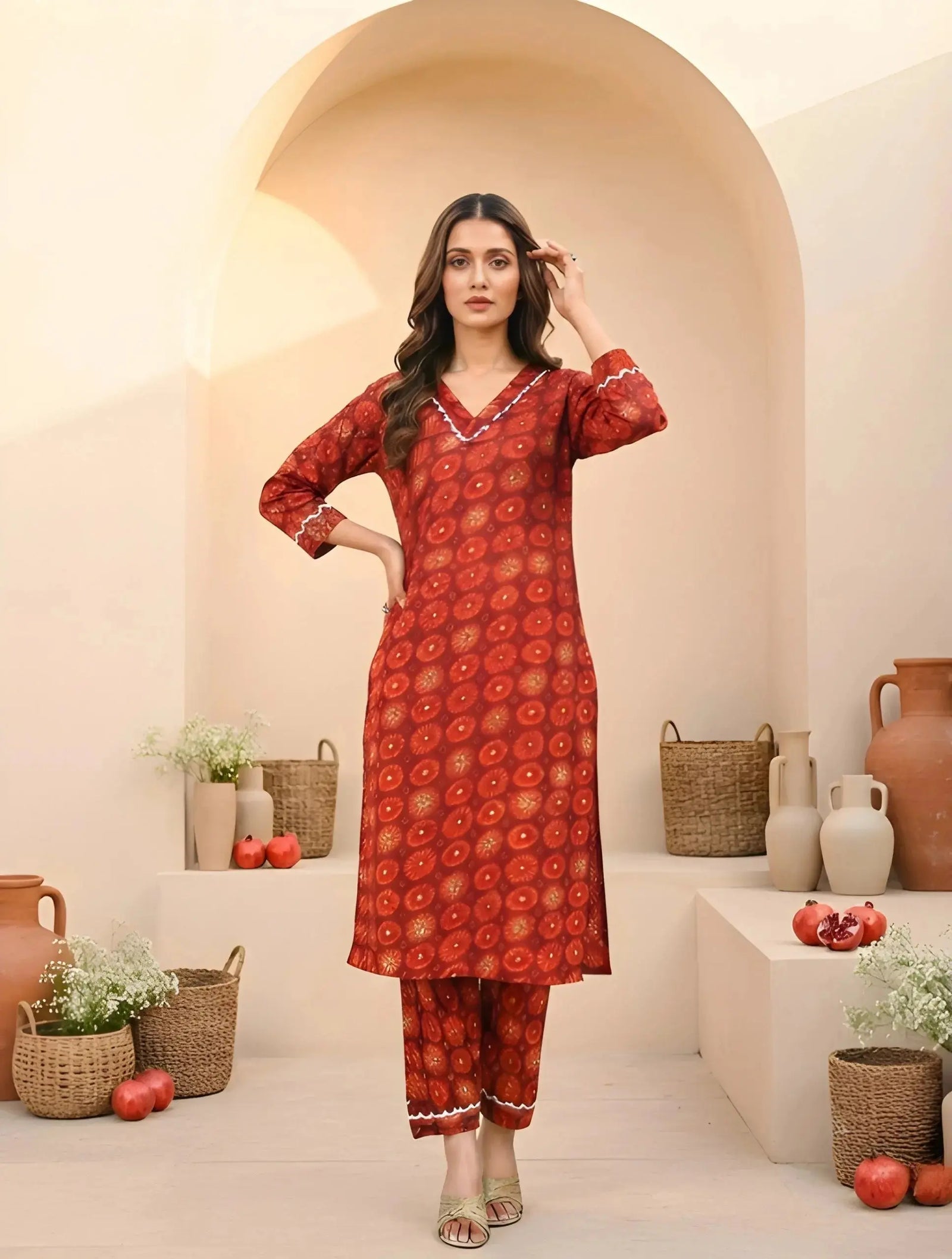 Red Digital Print Kurti with matching straight pants, front angle