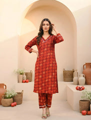 Red Digital Print Kurti with matching straight pants, front angle