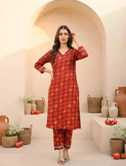 Red Digital Print Kurti with matching straight pants, front angle