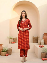 Red Digital Print Kurti and pant set, close front view