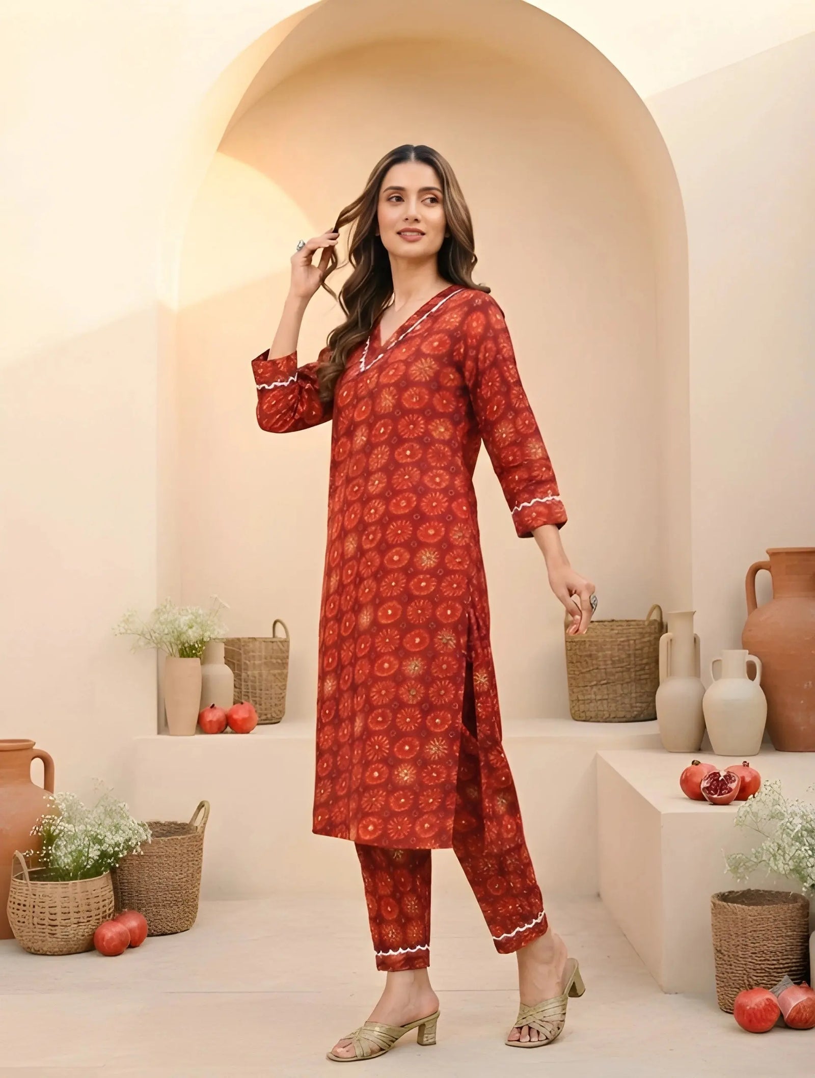 Red Digital Print Kurti with V-neck and 3/4th sleeves, front view