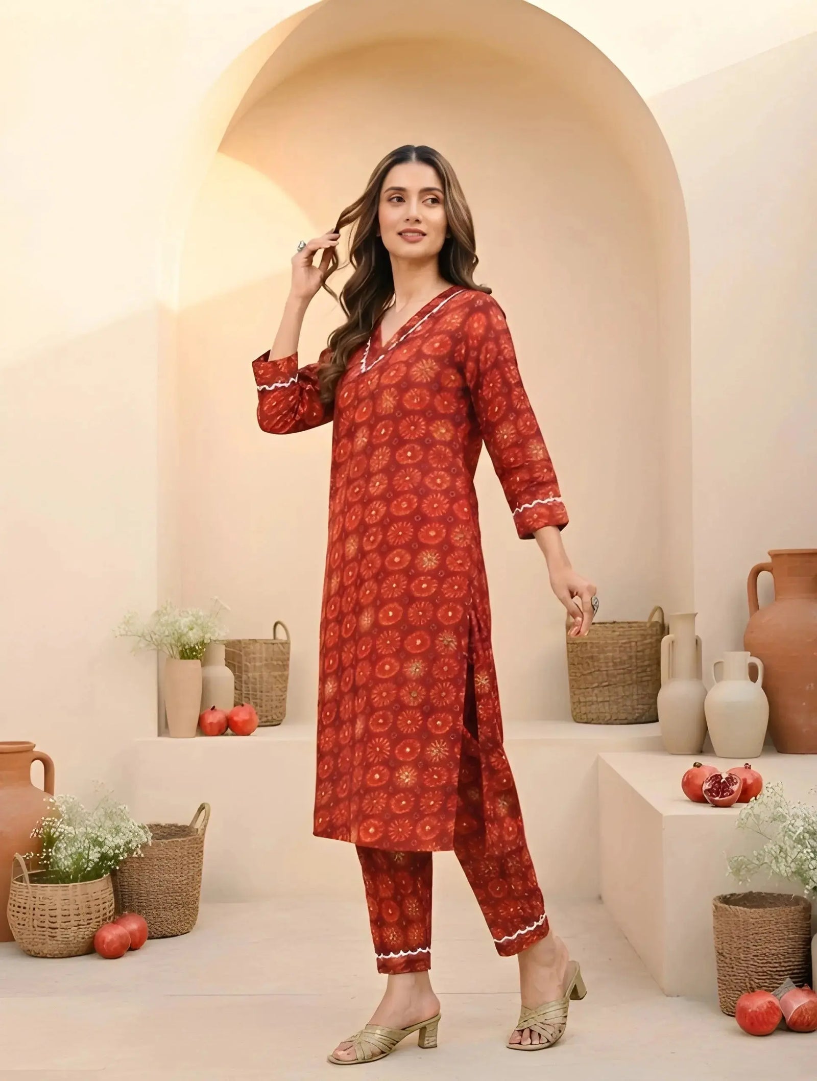 Red Digital Print Kurti with V-neck and 3/4th sleeves, front view