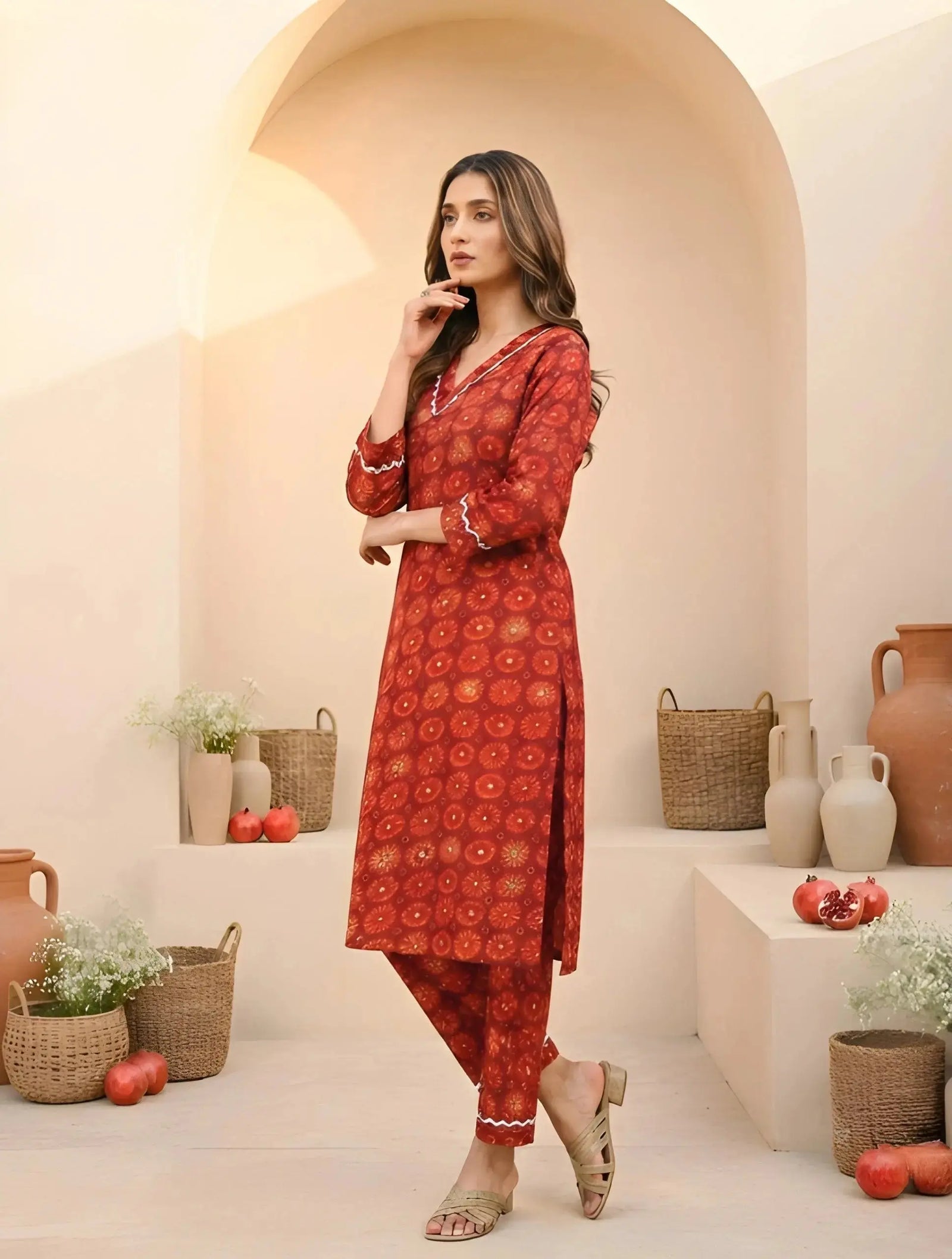 Red Digital Print Kurti side view showing straight silhouette