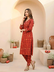 Red Digital Print Kurti side view showing straight silhouette