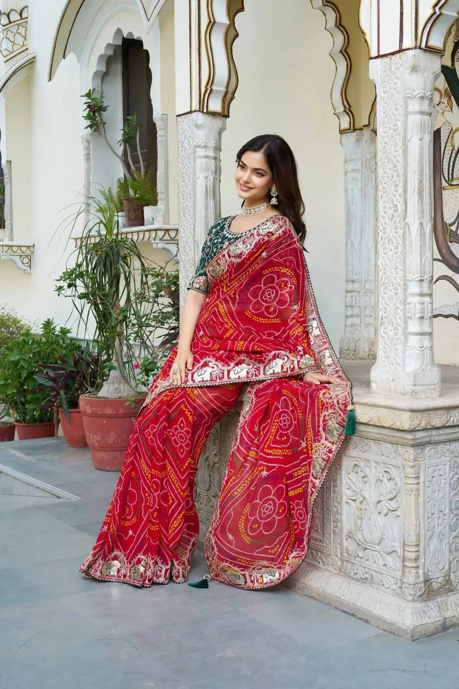 Red Gota Patti Saree green mono silk embroidered blouse neckline detail