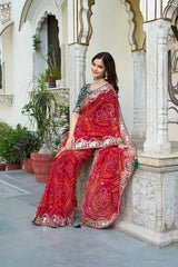 Red Gota Patti Saree green mono silk embroidered blouse neckline detail