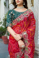 Red Gota Patti Saree bust detail showing gota-patti elephant motif border