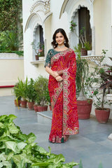 Red Gota Patti Saree gold gota-patti border and bangles detail