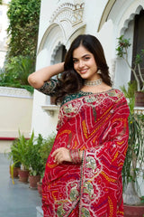 Red Gota Patti Saree Bandhani print and gota-patti embroidery close-up detail