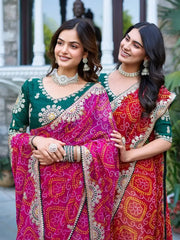 Two models in Pink and Red Gota Patti Sarees, close-up shot