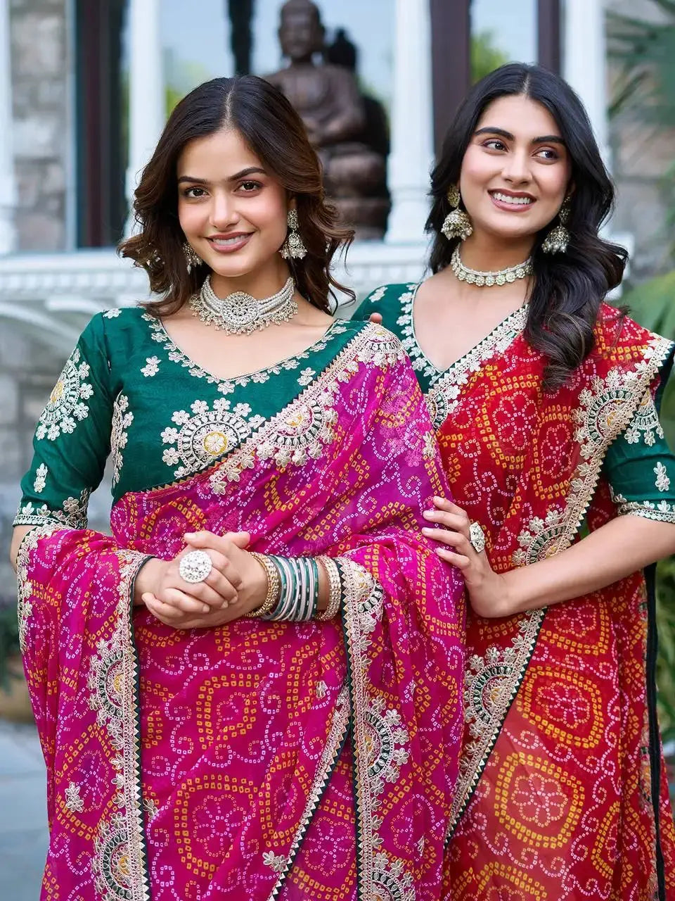 Two models walking in Pink and Red Gota Patti Sarees