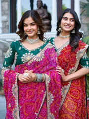 Two models walking in Pink and Red Gota Patti Sarees