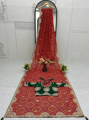 Flat lay of Red Gota Patti Saree with bandhani print and zari border