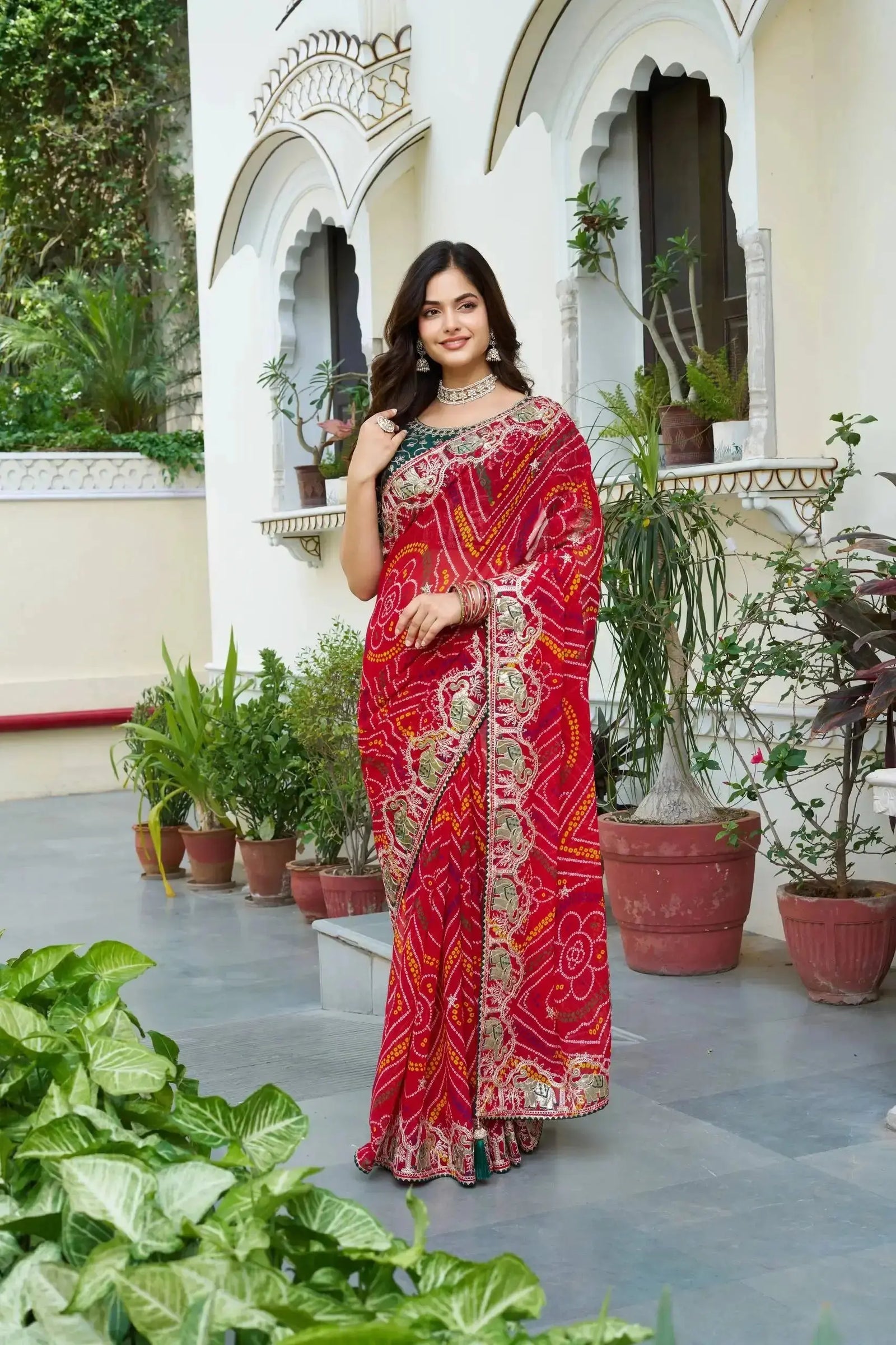 Red Gota Patti Saree full front drape with Bandhani print and gota-patti border