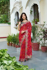Red Gota Patti Saree full front drape with Bandhani print and gota-patti border